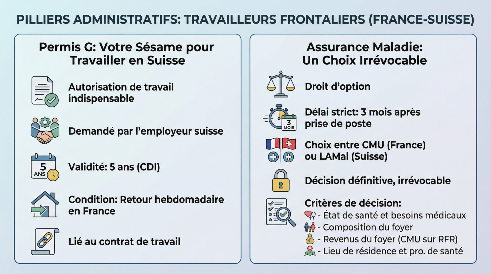 Illustration des démarches administratives clés pour les frontaliers : permis G et choix de l'assurance maladie