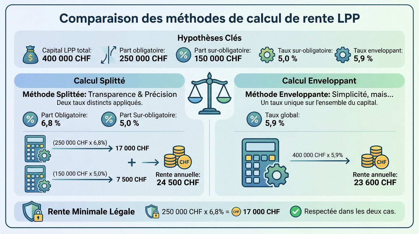 Graphique comparatif des méthodes de calcul de rente LPP splitté vs enveloppant