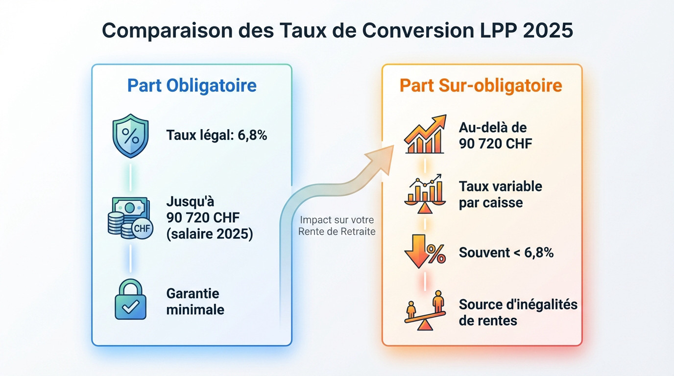 Graphique comparant le taux de conversion LPP légal de 6,8% et les taux sur-obligatoires pour 2025