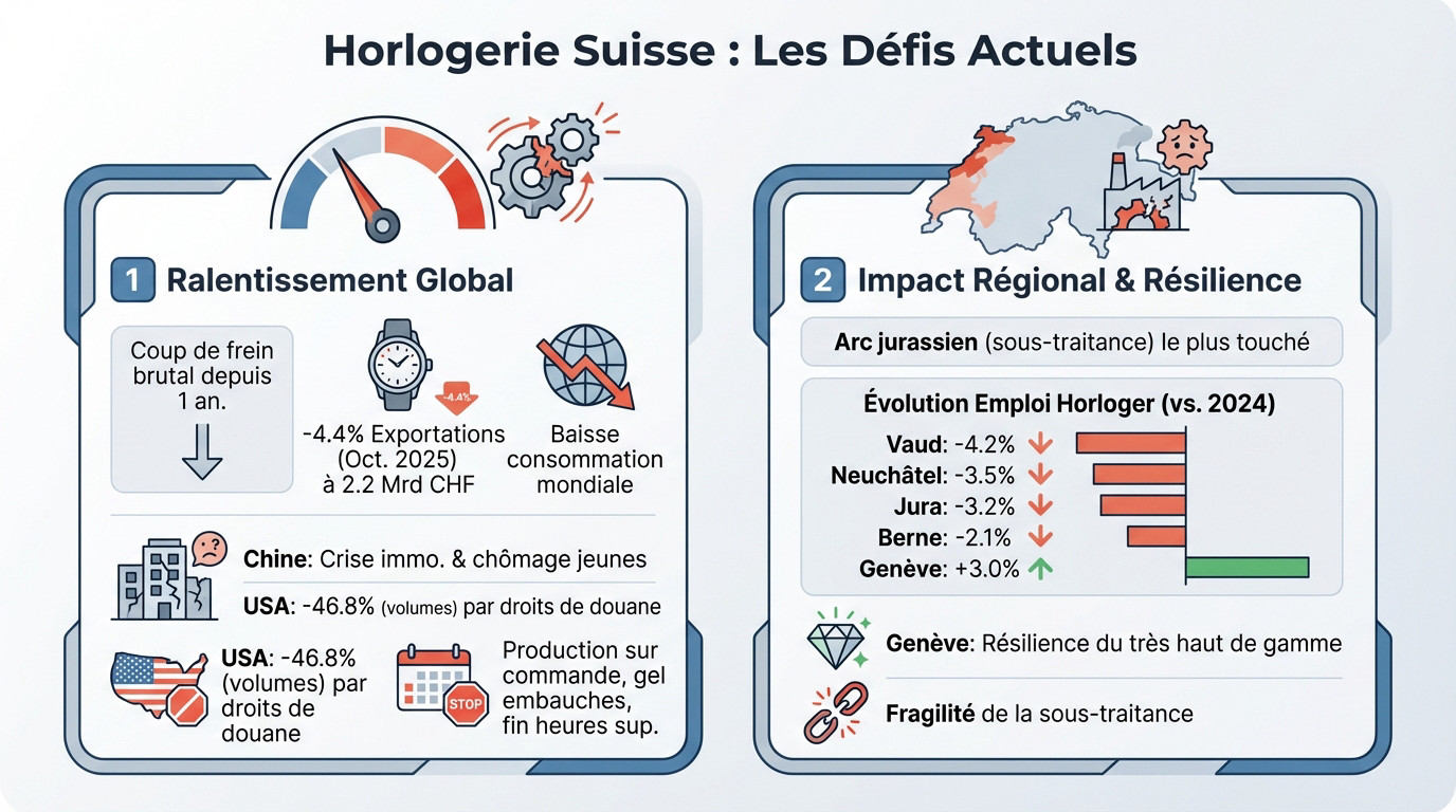 Horloger travaillant sur un mécanisme complexe, illustrant les défis actuels de l'industrie horlogère suisse
