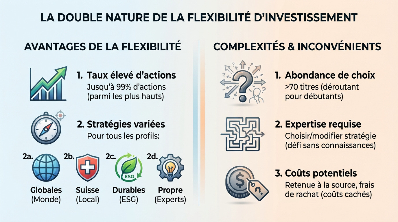 Illustration de la flexibilité des stratégies d'investissement Viac et de leur complexité potentielle
