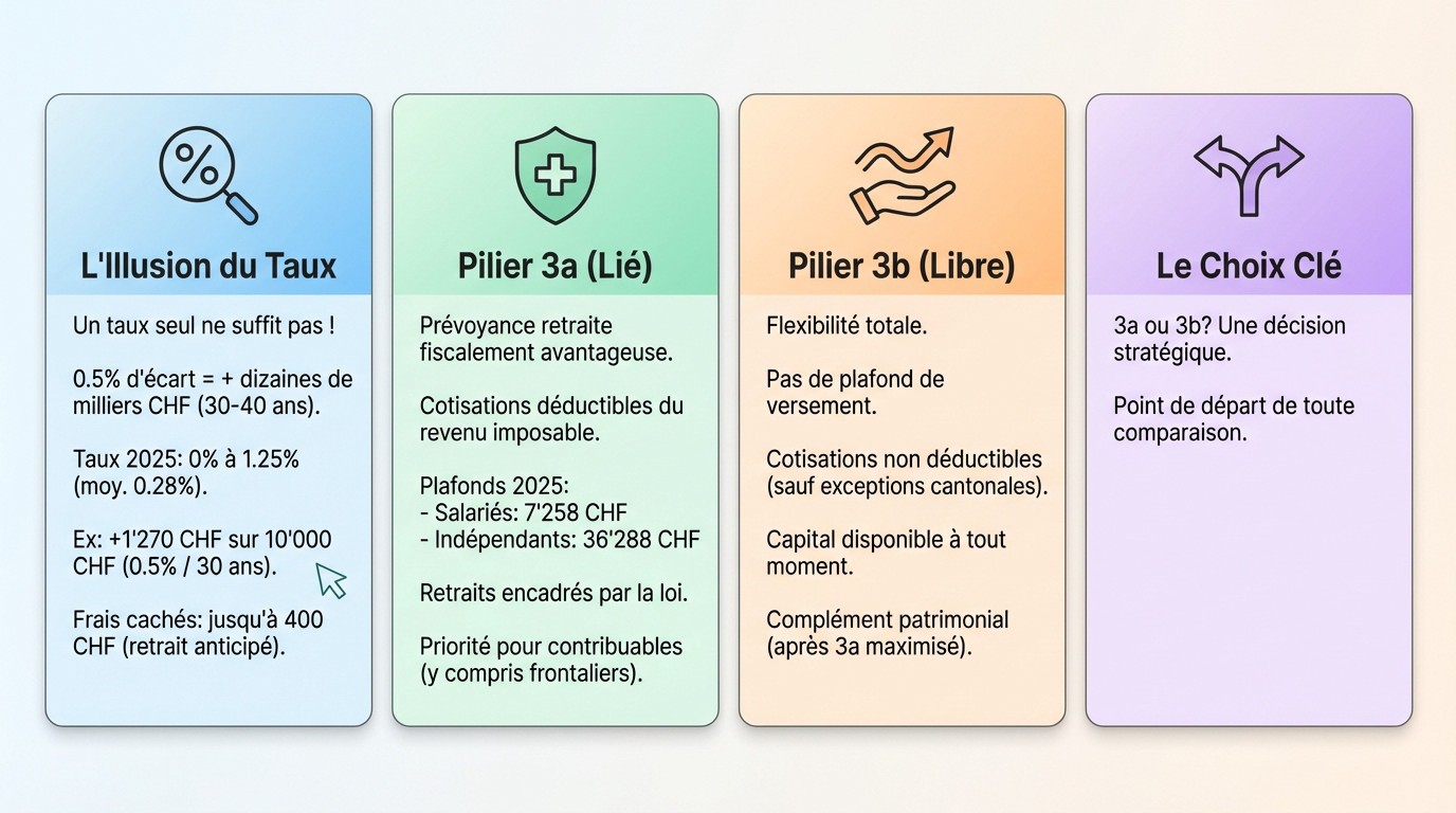 Graphique comparatif des enjeux cachés du 3ème pilier 3a et 3b en Suisse