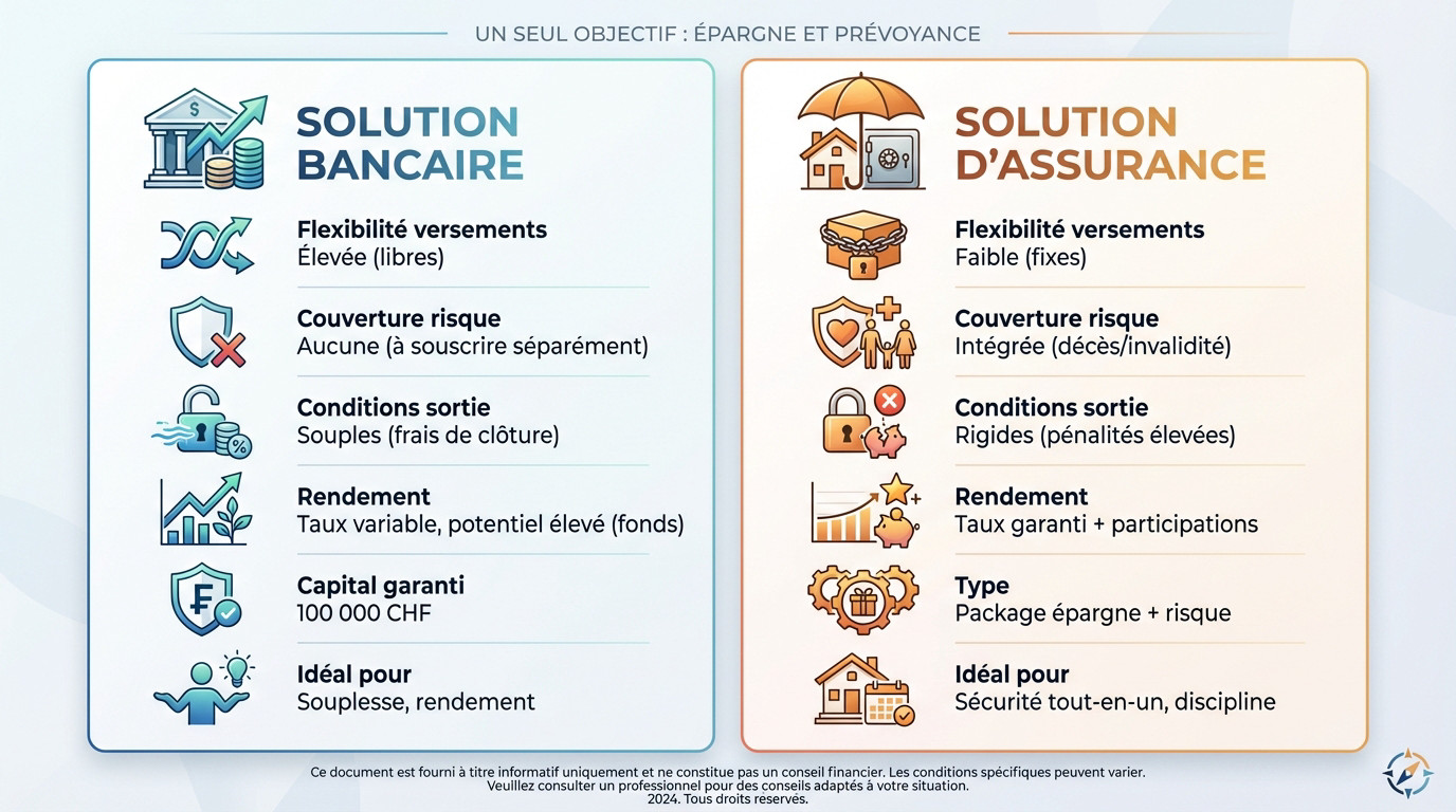 Comparaison visuelle entre épargne bancaire et assurance prévoyance pour le 3ème pilier suisse