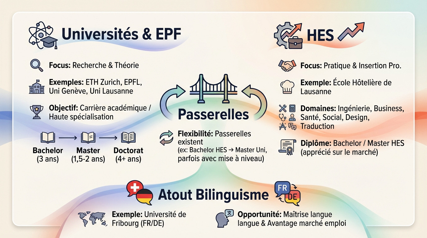 Schéma comparatif du système éducatif suisse entre Universités, EPF et HES avec les passerelles possibles