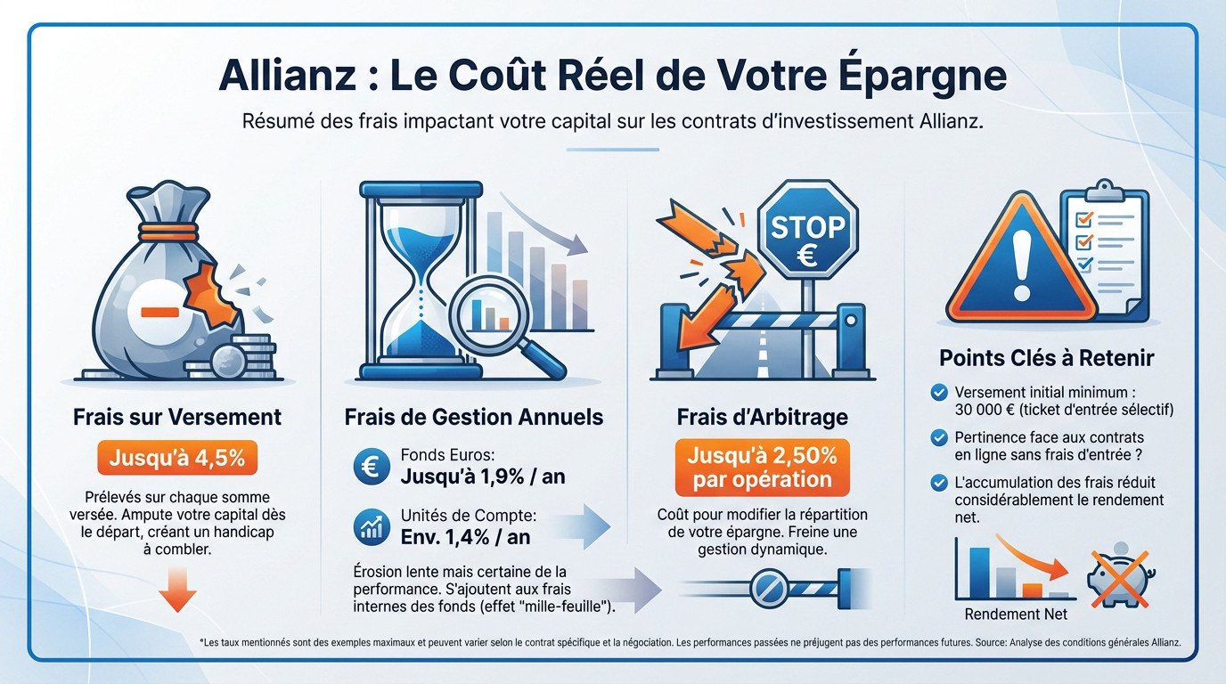 Graphique illustrant l'impact des frais élevés sur la performance d'une assurance vie Allianz