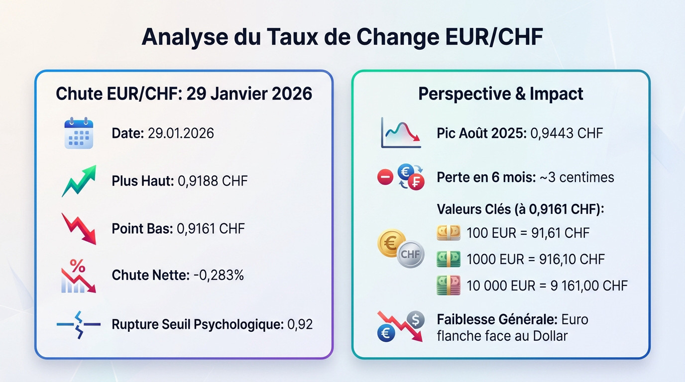 Graphique financier montrant la chute du taux EUR/CHF à 0,9161 le 29 janvier 2026