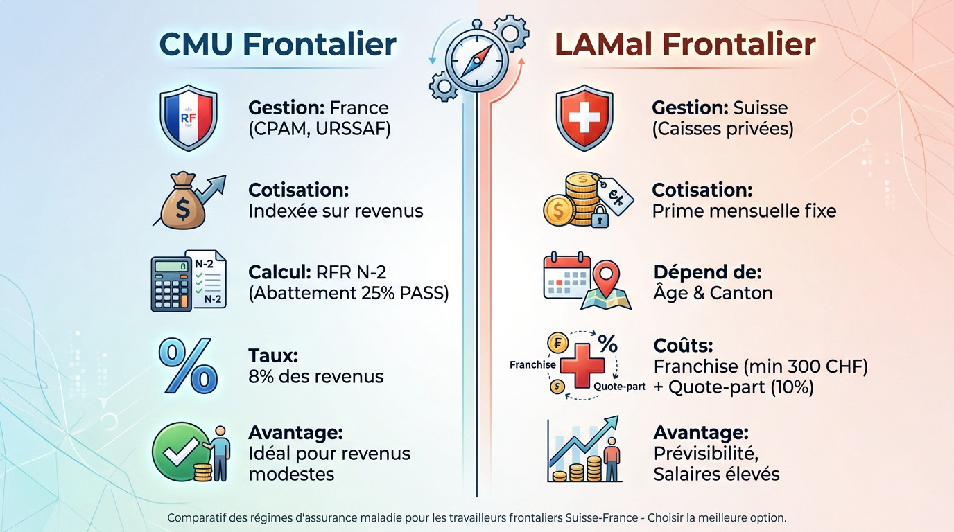 Comparatif visuel entre la CMU frontalier et la LAMal suisse pour choisir son assurance maladie