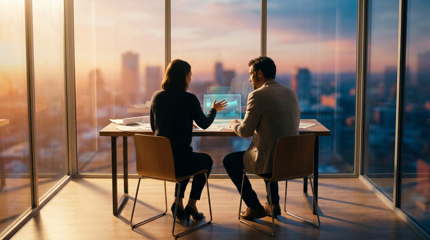 A couple reviews financial documents and charts on a glowing tablet at a modern desk, with warm dawn light over an urban skyline. They collaborate on their financial future.