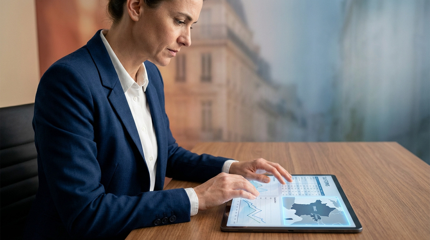 Professional woman in blue blazer analyzes financial charts and France map on a tablet at a desk, conveying focused expertise.