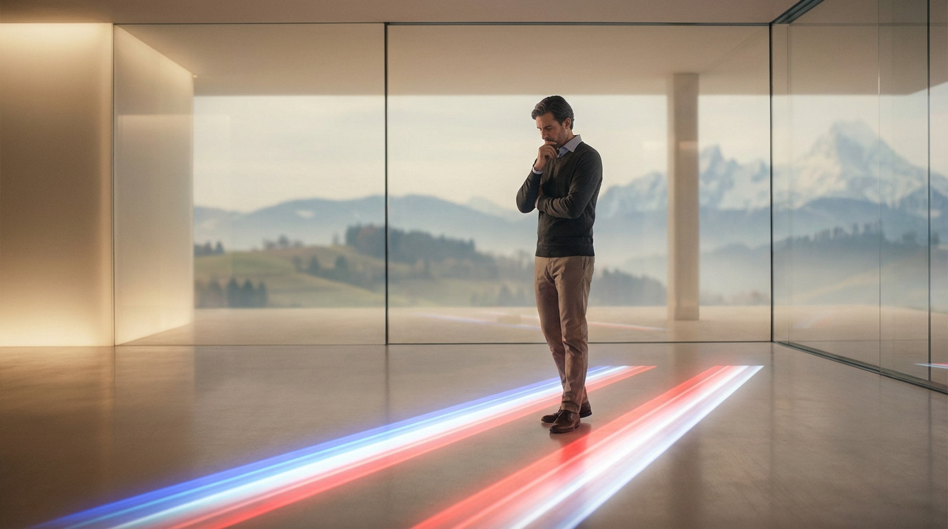 Thoughtful man faces glowing French and Swiss colored paths for CMU/LAMal 2026 choice, in a modern setting with blurred European landscape.