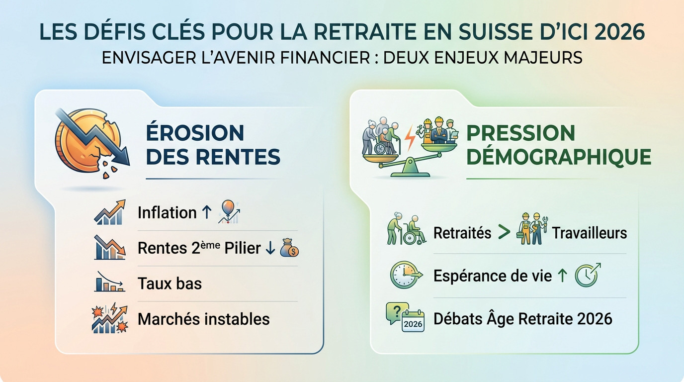 Graphique illustrant les défis démographiques et financiers du système de retraite suisse pour 2026
