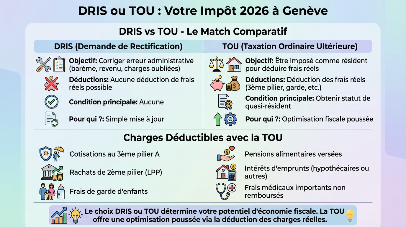 Schéma comparatif entre la DRIS et la TOU pour l'optimisation fiscale des frontaliers genevois en 2026