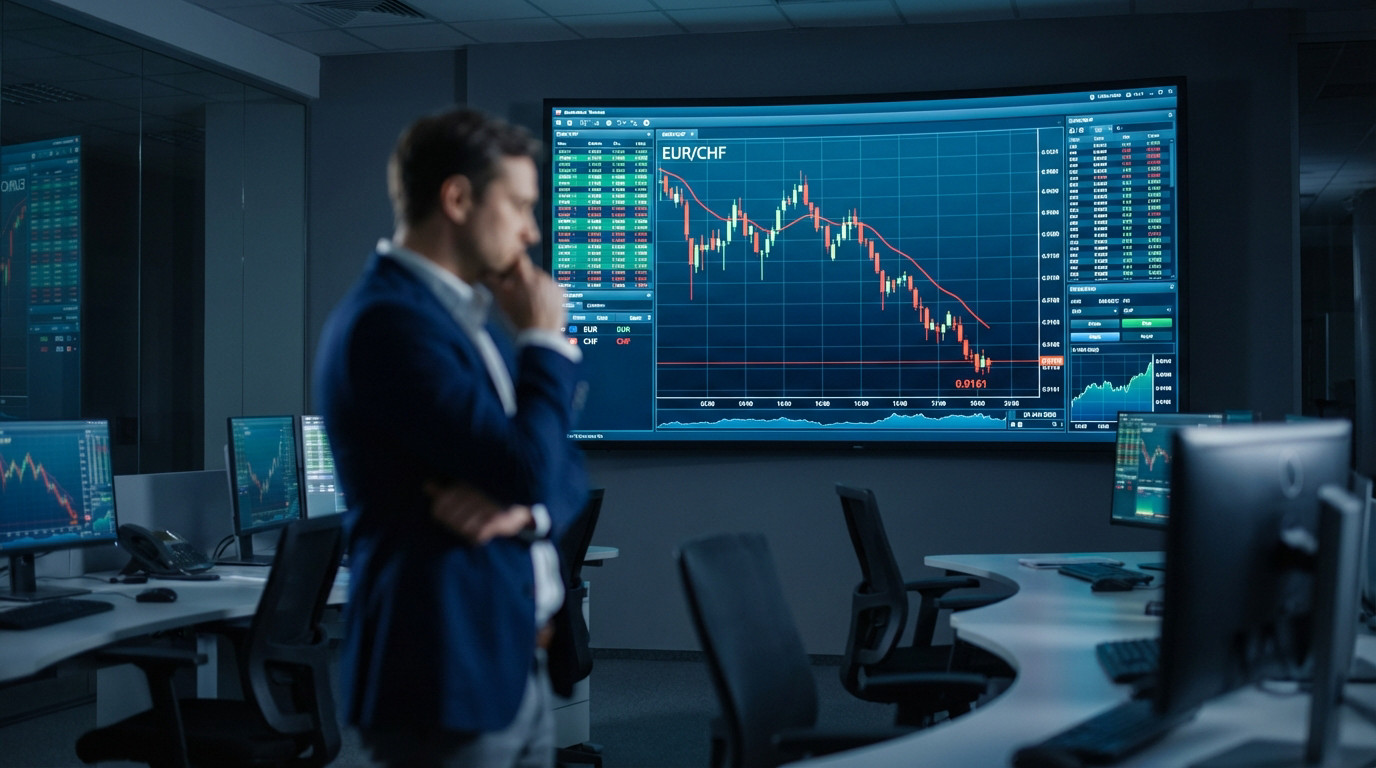 A man analyzes a large screen displaying a EUR/CHF candlestick chart with a sharp downward trend to 0.9161 on 29 JAN 2026, in a modern office.