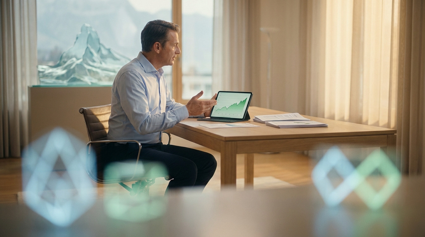 An individual plans retirement, viewing a growth chart on a tablet at a modern desk. Abstract pillars and Swiss mountains frame the scene.