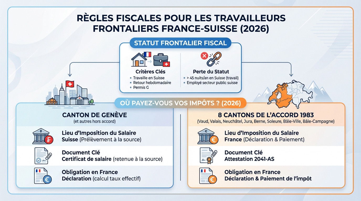 Comparatif fiscalité frontaliers France Suisse 2026 et répartition géographique des impôts