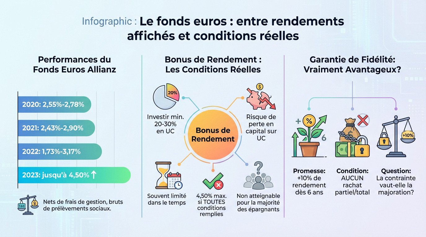 Graphique comparant les rendements affichés et les conditions réelles des fonds euros Allianz