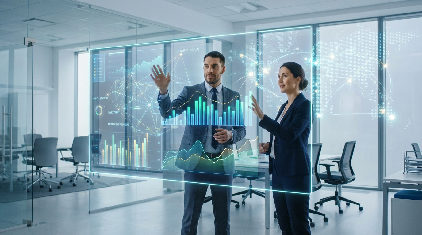 Two professionals interact with a glowing transparent B2B financial platform displaying data, charts, and global network in a modern office.