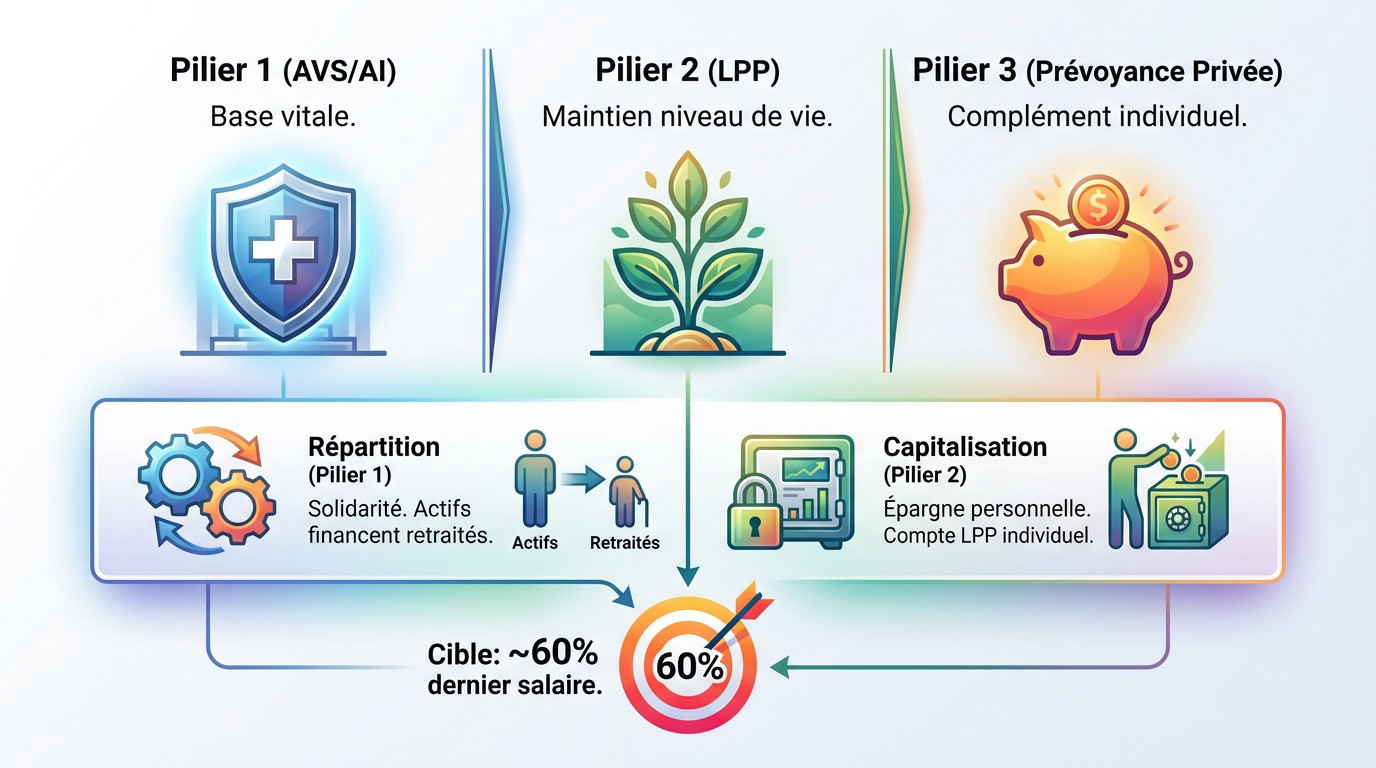Schéma explicatif du fonctionnement des trois piliers de la prévoyance en Suisse