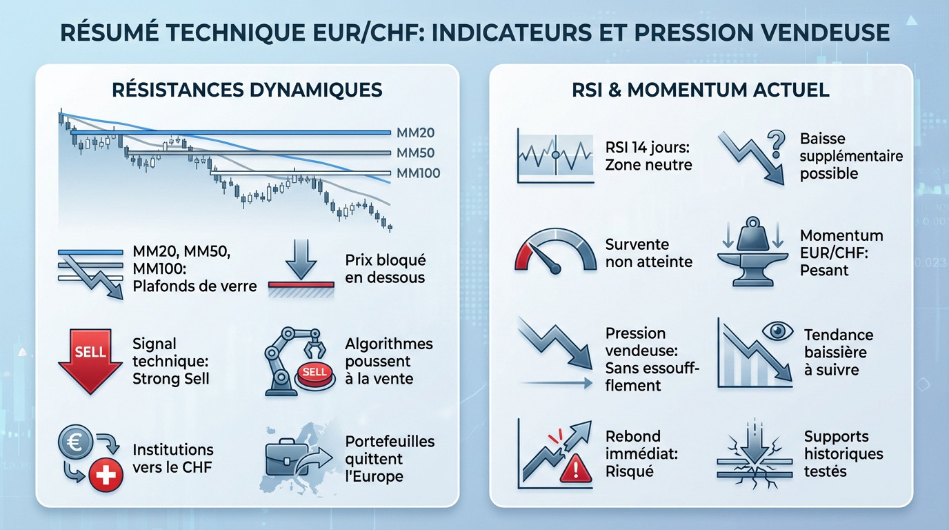 Graphique technique EUR/CHF illustrant la pression vendeuse et les indicateurs clés au 29 janvier 2026