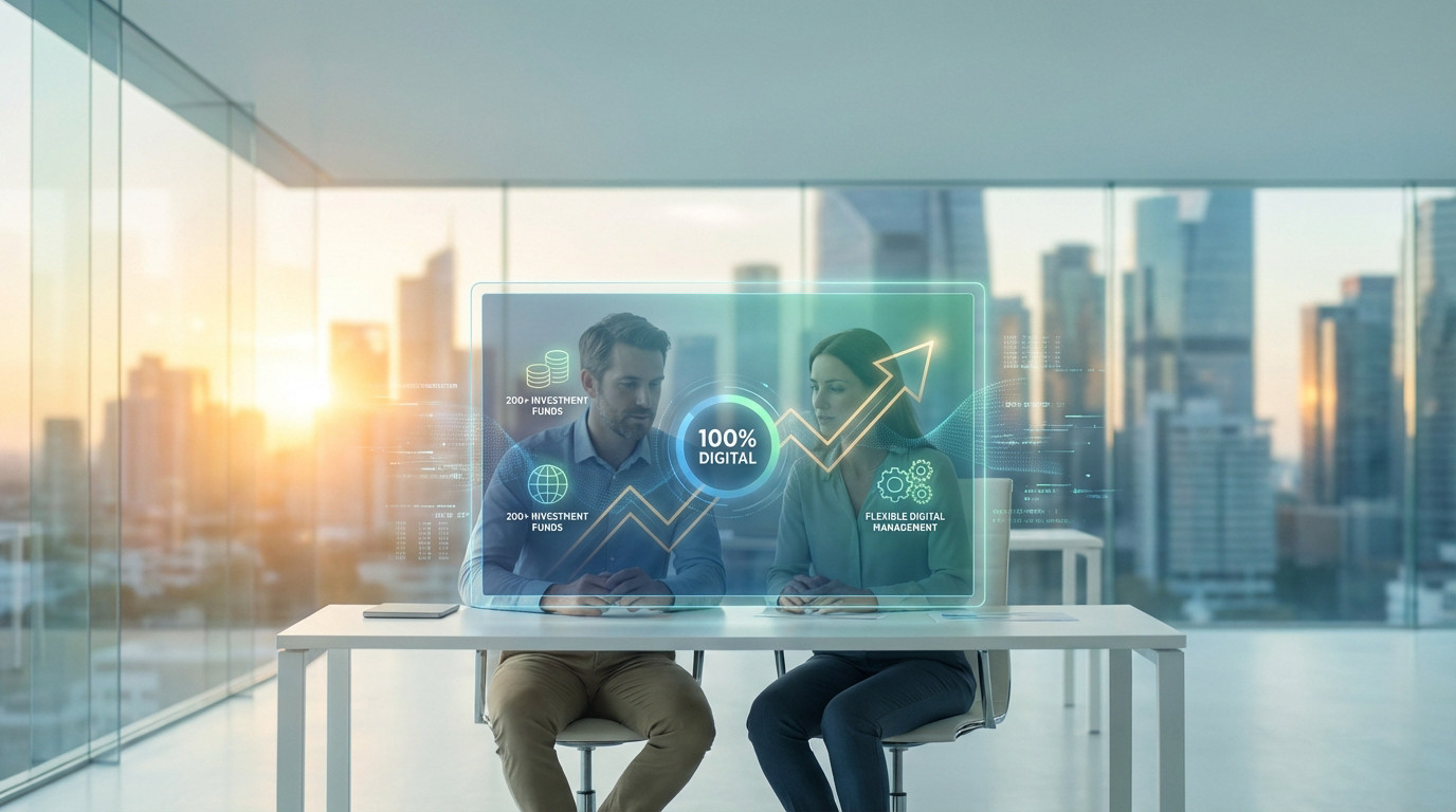 Two professionals view a transparent digital financial dashboard with upward graphs and icons in a modern office overlooking a city skyline at sunrise.