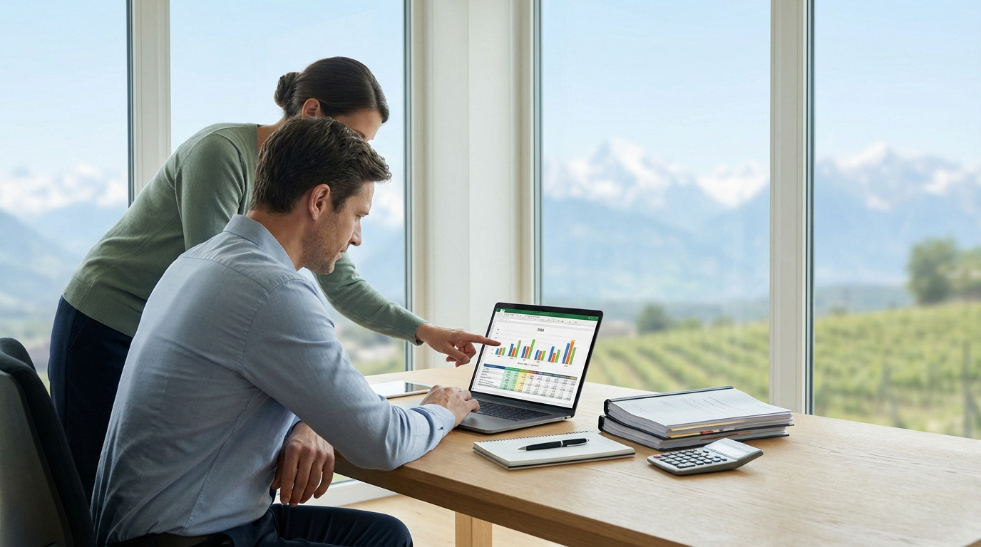 Two professionals analyze financial charts on a laptop in a modern office. One points to the screen, with a mountain landscape visible through a window.