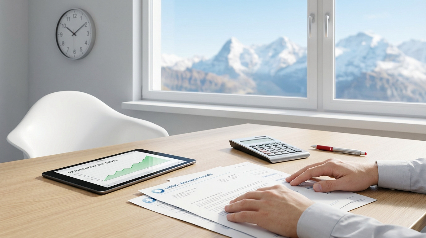 Person's hands on LAMal documents, tablet with cost graph, calculator on a modern desk. Swiss Alps visible through window.