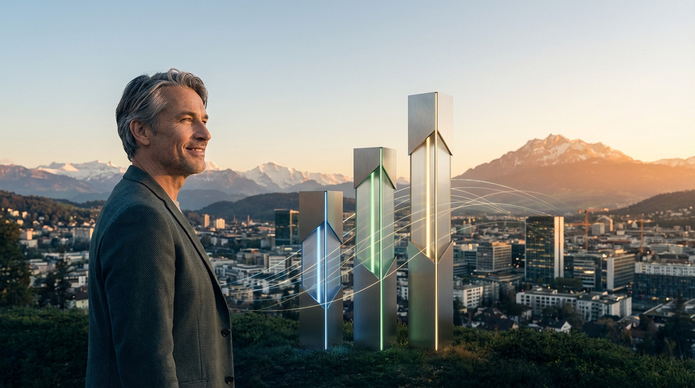 A confident man overlooks a Swiss cityscape with glowing three-pillar financial growth graphs and snow-capped mountains.
