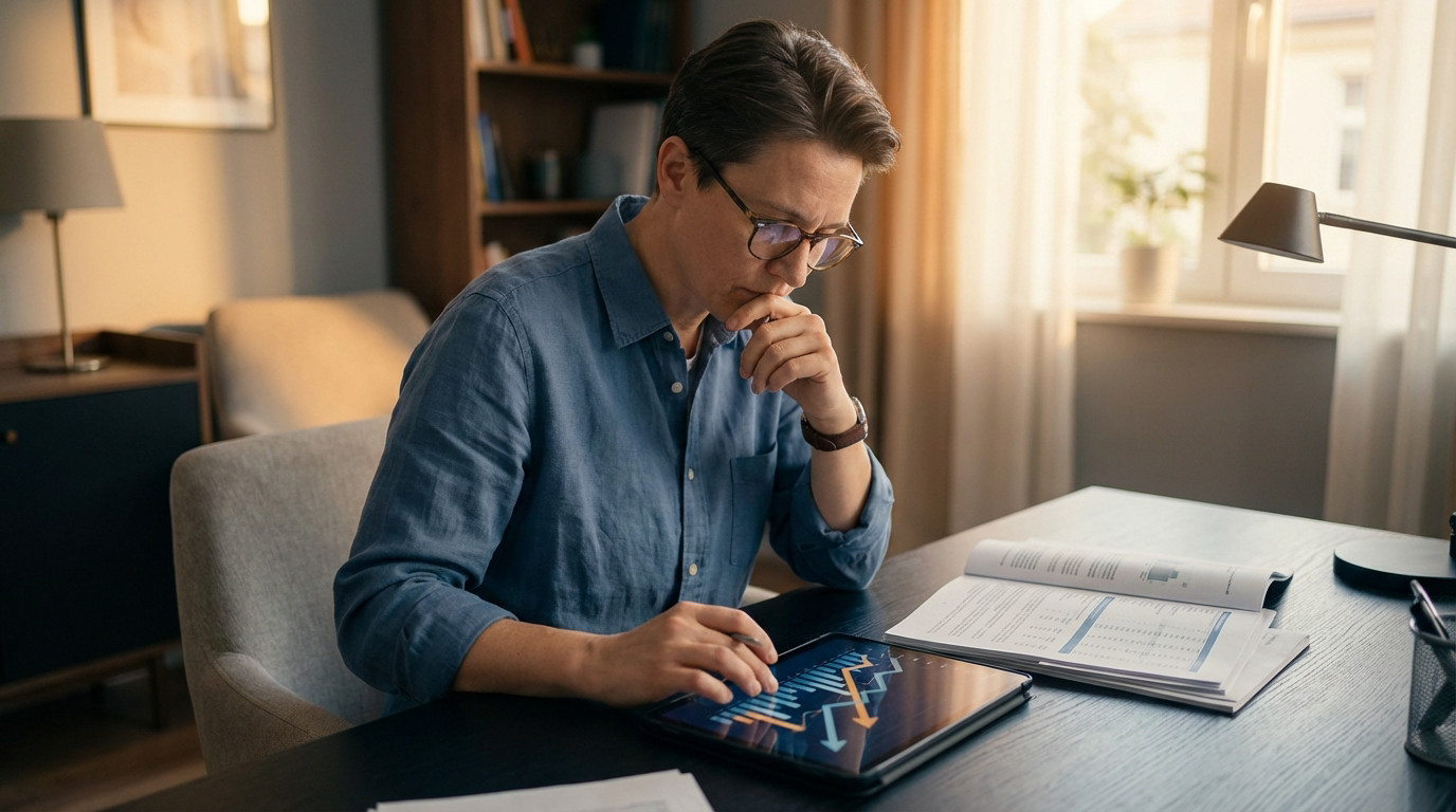 Gender-neutral individual intently analyzing financial graphs on a tablet and documents at a modern, well-lit home office desk.