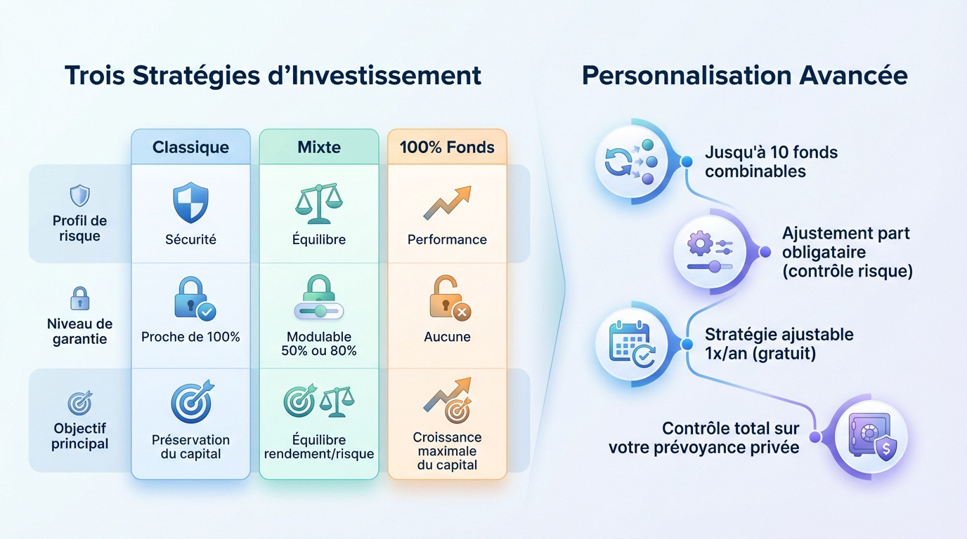 Graphique illustrant les trois stratégies d'investissement du 3ème pilier Liechtenstein Life : Classique, Mixte et 100% Fonds avec leurs niveaux de risque et de rendement