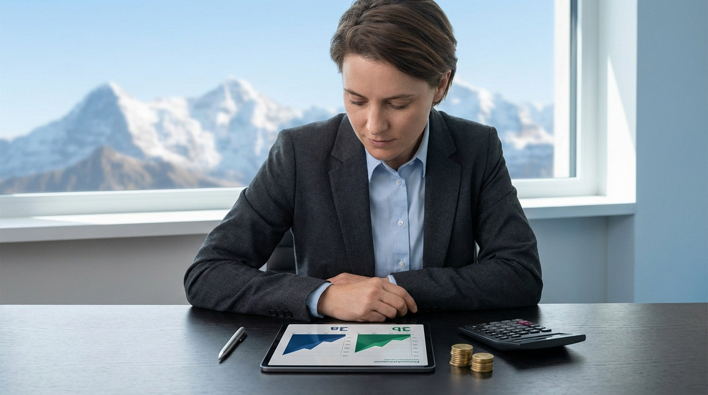 Gender-neutral figure in business attire reviews financial charts (3a, 3b) on a tablet. Desk has pen, calculator, gold coins, Alps background.