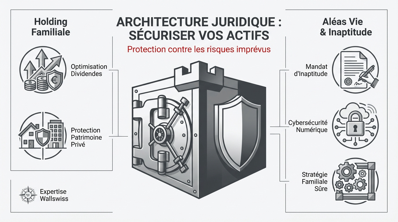 Schéma d'une architecture juridique robuste pour la protection du patrimoine familial et la holding