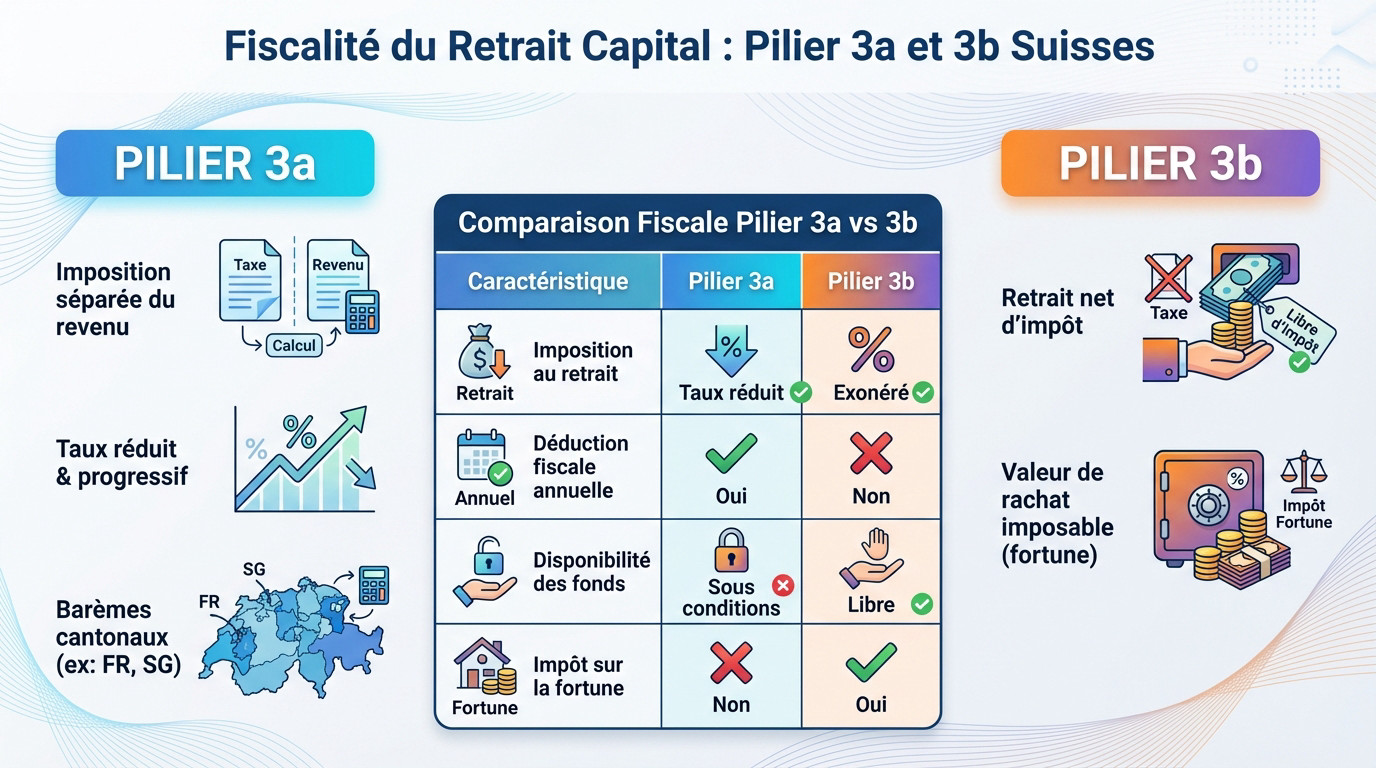 Schéma explicatif de la fiscalité au retrait des capitaux pour les piliers 3a et 3b en Suisse