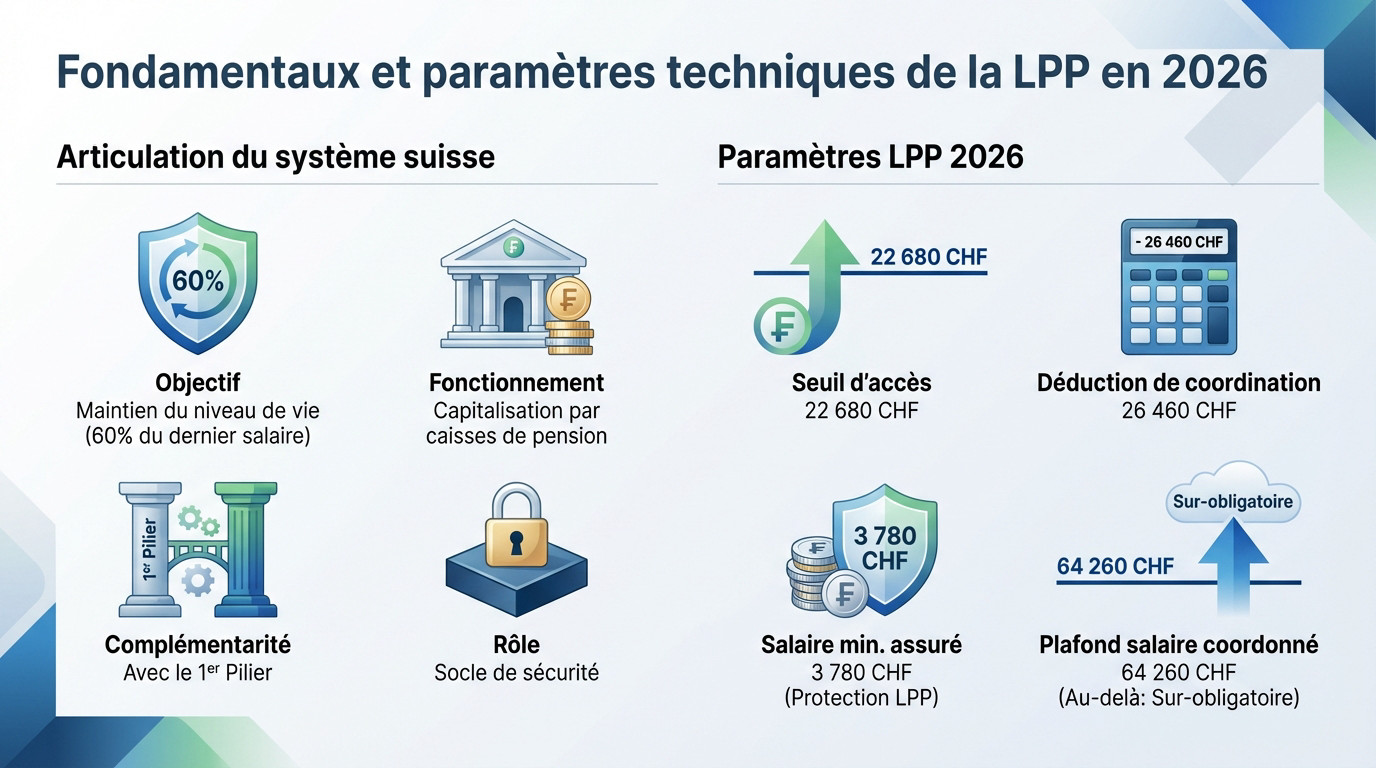 Schéma des paramètres techniques LPP 2026 et seuils de cotisation
