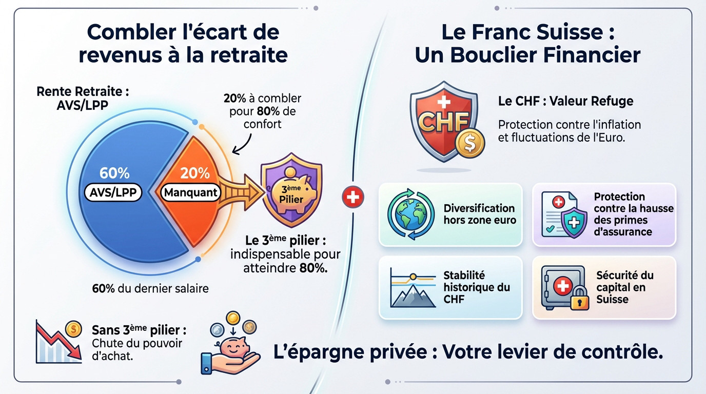 Infographie comparant la couverture retraite suisse AVS LPP et l'apport du 3ème pilier en francs suisses