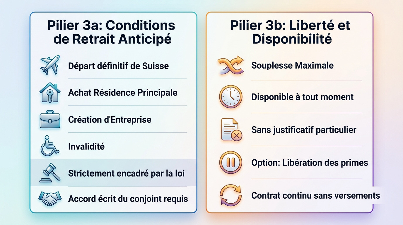 Schéma comparatif des conditions de retrait entre le pilier 3a lié et le pilier 3b libre en Suisse
