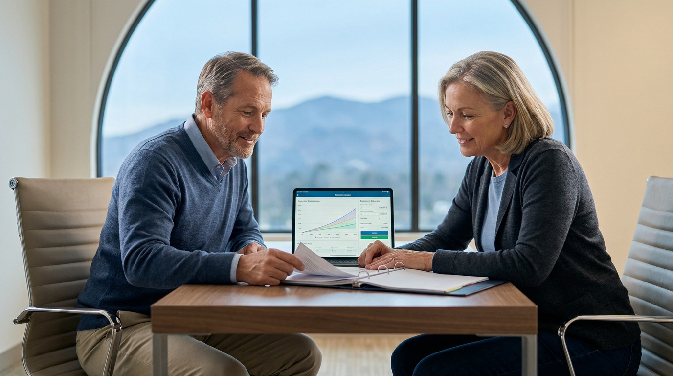 Un couple consulte un expert financier. Ils examinent des documents et un ordinateur portable affichant des projections de retraite.