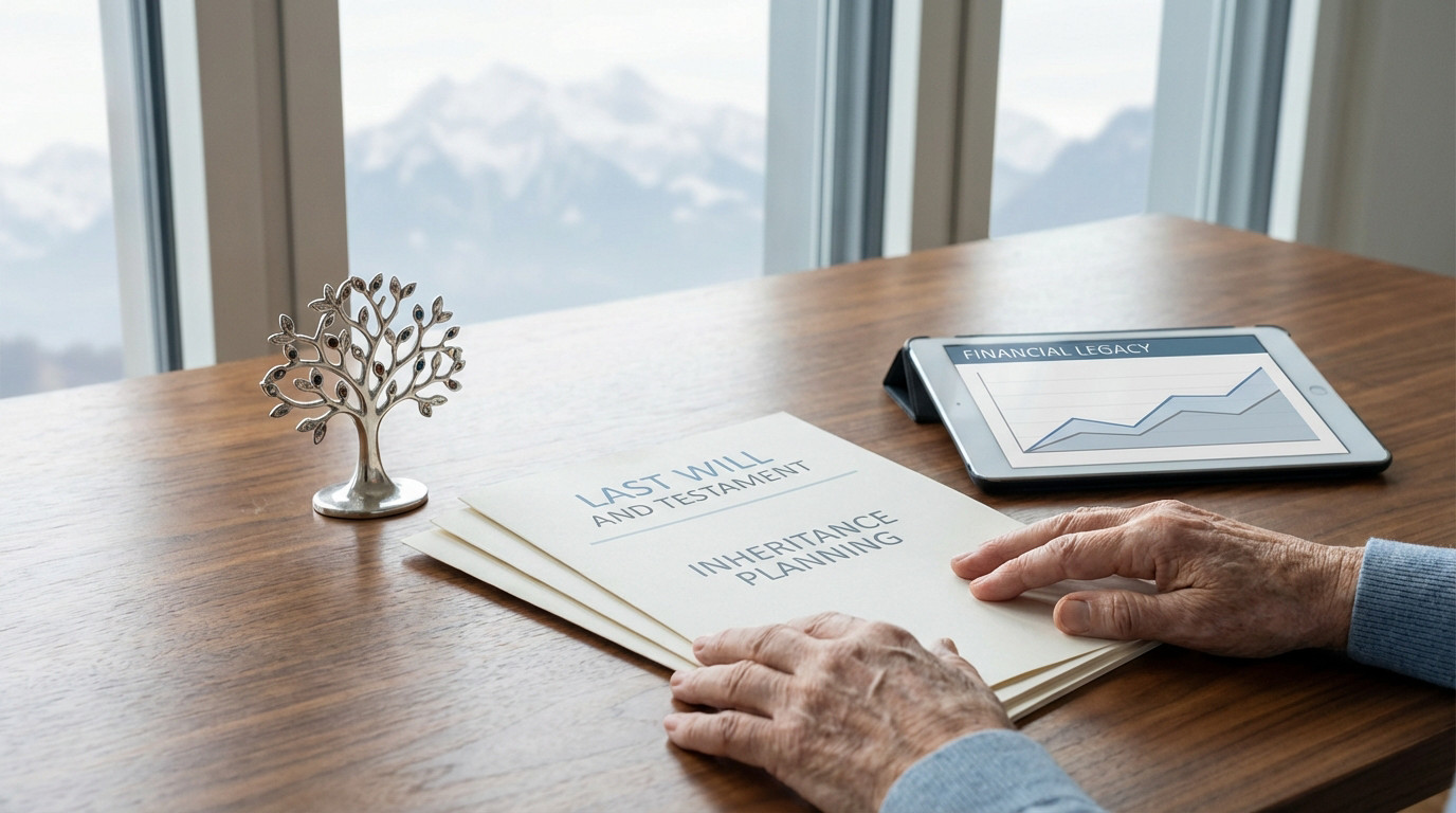 Mains lisant un testament et un plan successoral, avec une tablette "Héritage financier" et un arbre de vie, vue sur les montagnes suisses.