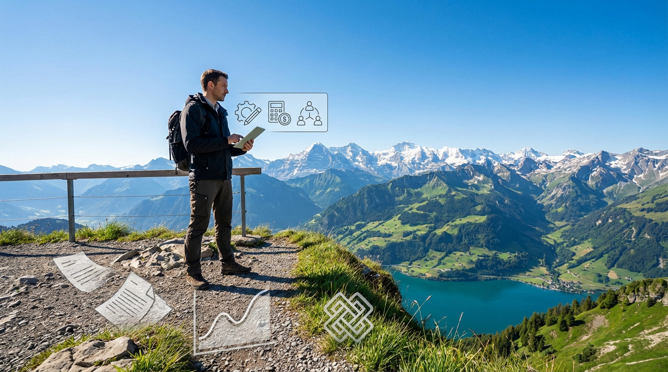 Un homme sur un sommet suisse avec une tablette gère son expatriation. Icônes de finance, admin et réseaux symbolisent les défis.