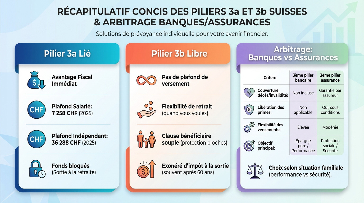 Tableau récapitulatif comparant les piliers 3a et 3b suisses ainsi que l'arbitrage entre banques et assurances