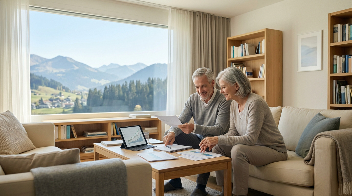 Smiling mature couple reviews financial plans and tablet in a bright living room with a serene mountain landscape outside.