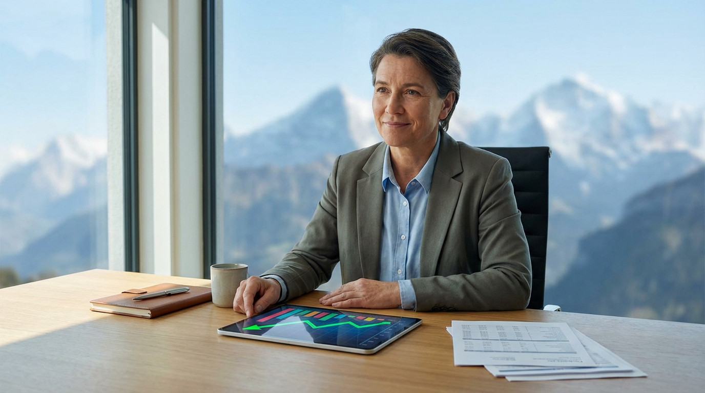 A person at a desk with a tablet showing a financial growth chart, mountains in background, symbolizing secure cross-border planning.