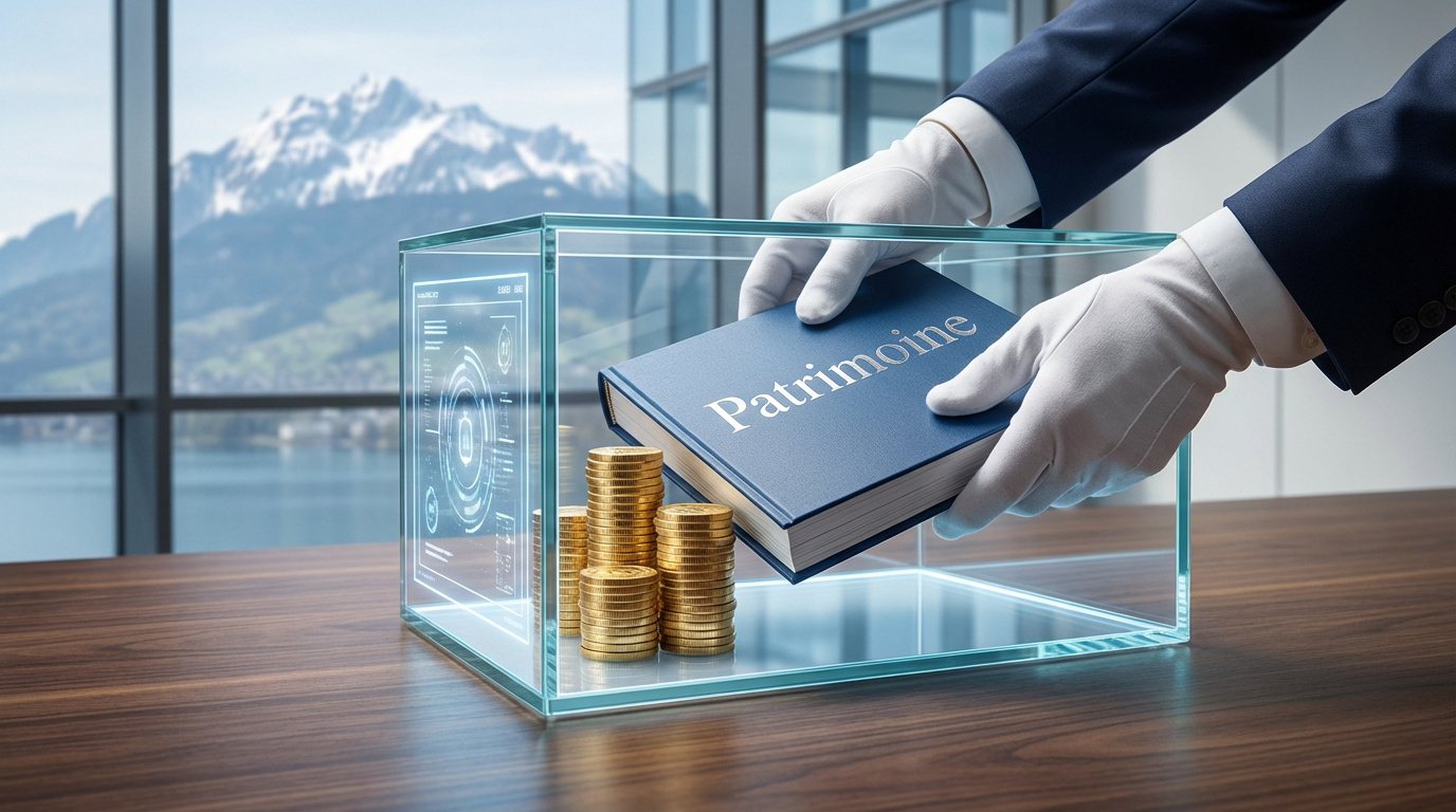 Des mains gantées placent un livre "Patrimoine" et des pièces d'or dans une boîte en verre sécurisée, avec des montagnes suisses.
