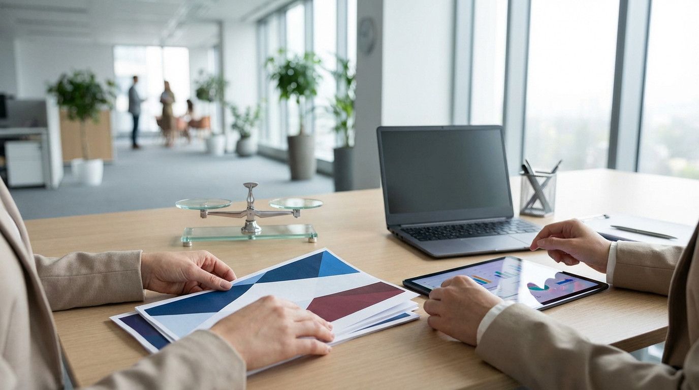 Hands analyzing financial documents with geometric patterns and a tablet with data, beside a laptop and a balance scale in a modern office.