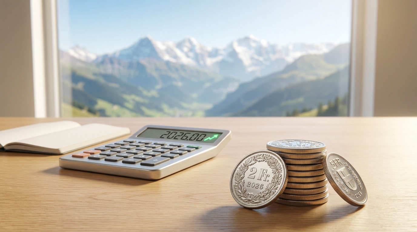 A desk with Swiss Franc coins, a calculator showing '2026.00' and an upward trend, against a blurred Swiss mountain view.