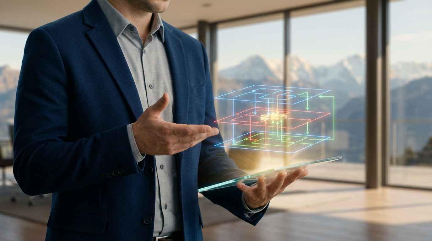 Professionnel analysant un système complexe sur une tablette holographique, paysage alpin derrière. Représente l'optimisation fiscale.