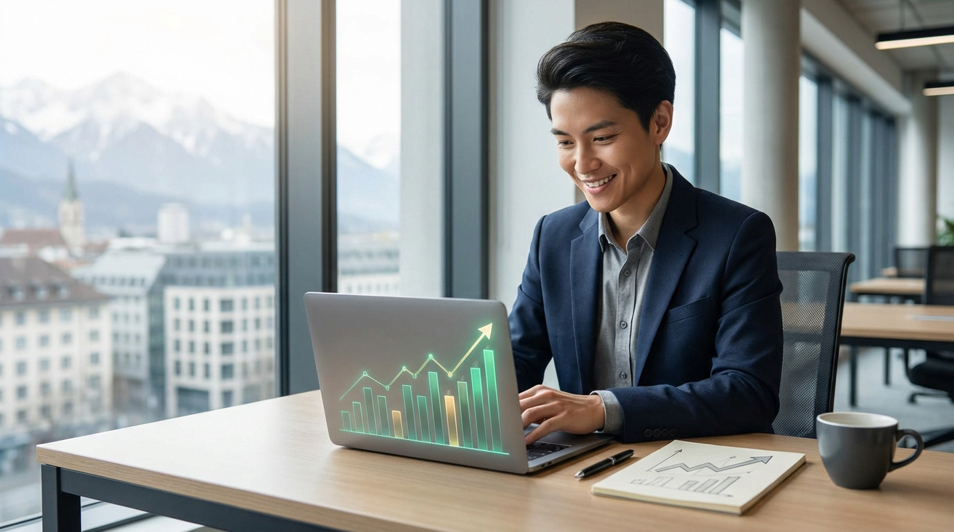 Jeune homme souriant en costume devant un ordinateur portable affichant un graphique de croissance. Vue sur montagnes et ville depuis un bureau moderne.