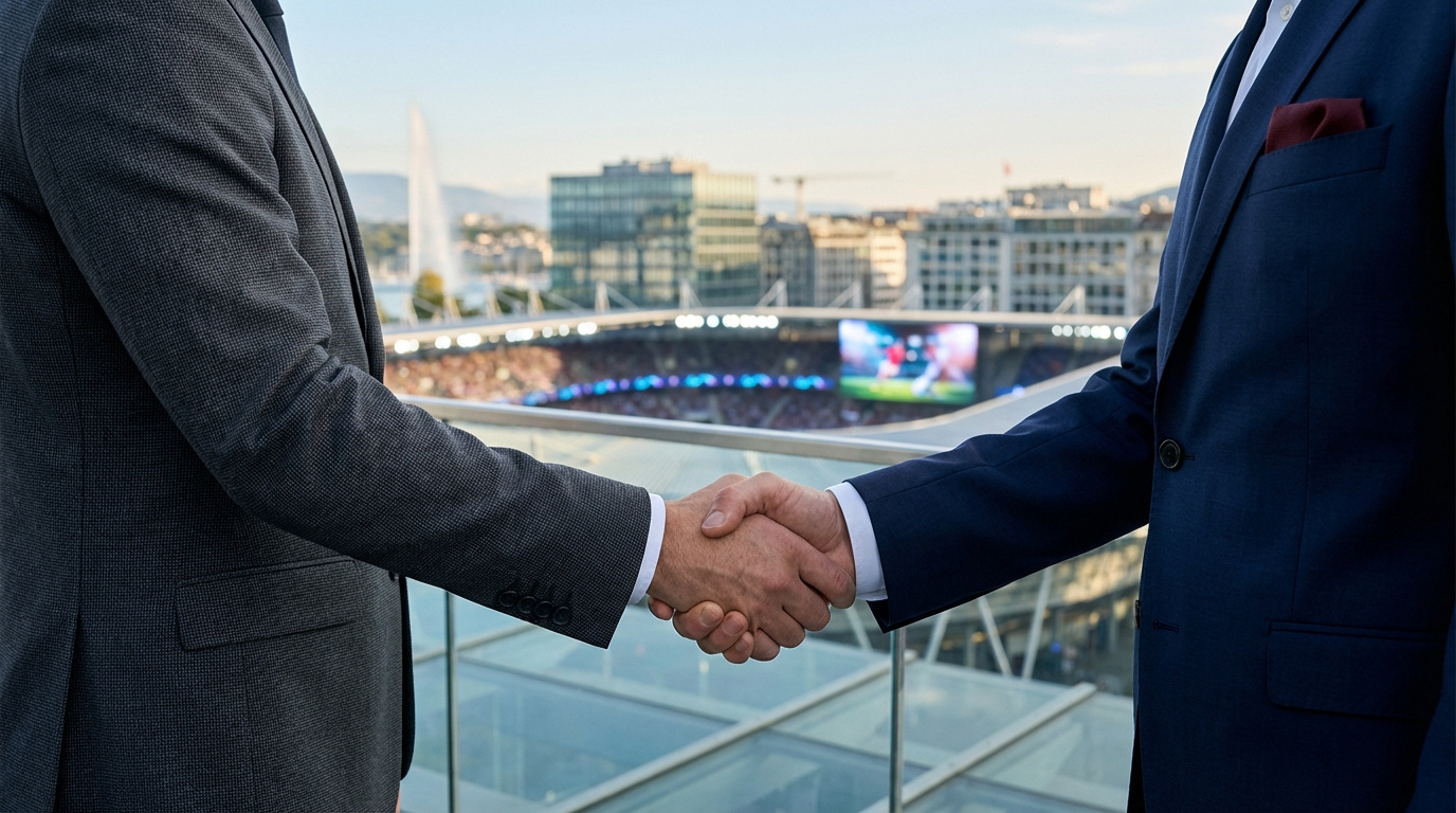 Poignée de main professionnelle à Genève, deux hommes d'affaires sur un balcon avec vue sur le Jet d'Eau et un stade.