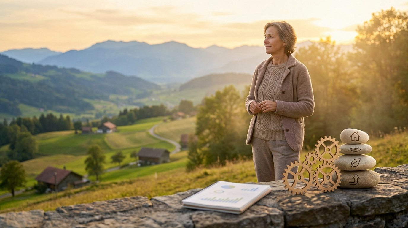 Femme devant un paysage suisse, planifiant sa retraite avec cahier de graphiques, engrenages et pierres symboliques (maison, croissance).