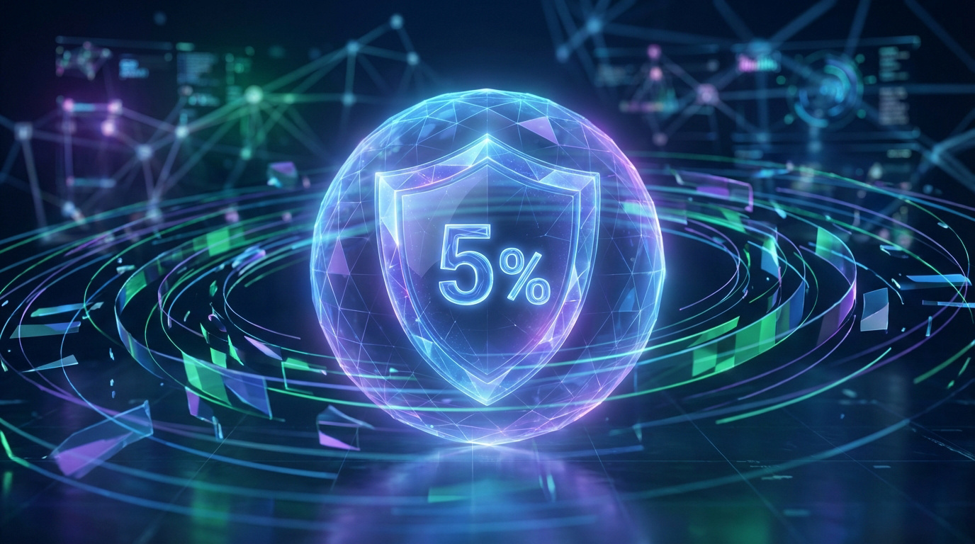 Bouclier numérique avec '5%' au centre d'une sphère de données et de réseau, symbolisant la règle de sécurité des 5% pour les cryptomonnaies.