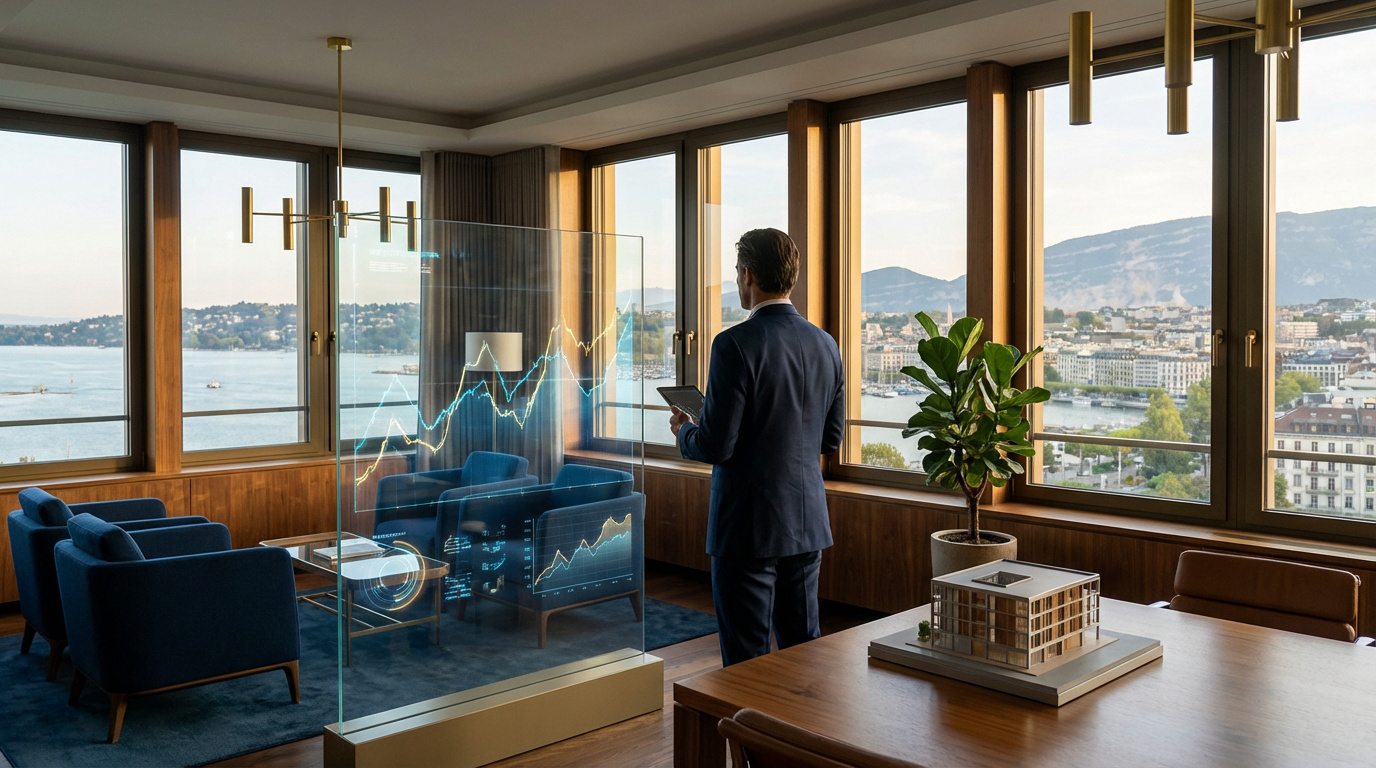 Un professionnel consulte des graphiques financiers sur un écran transparent dans un bureau élégant, avec vue sur un lac et une ville.